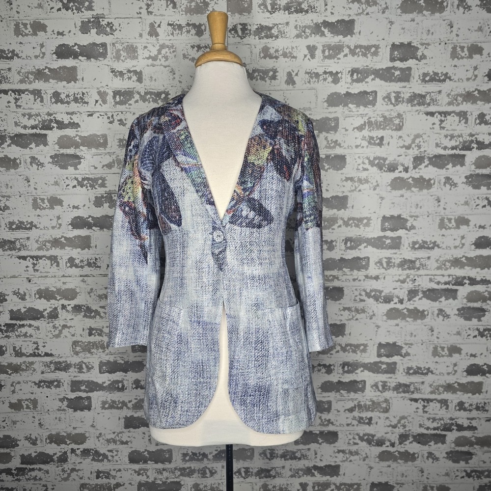 Alberto Makali New York Blazer Womens Sz S 100% Linen Lined Multicolor Butterfly